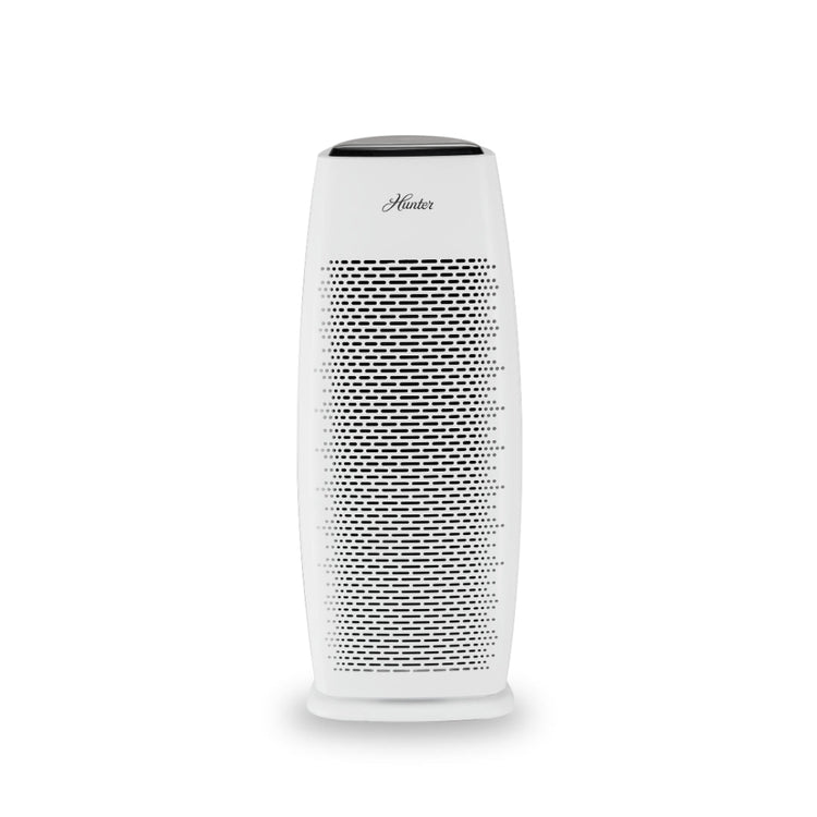 White air purifier with black top on a white background