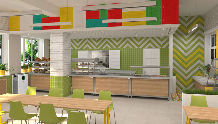 Modern kitchen with colorful wall designs and dining area