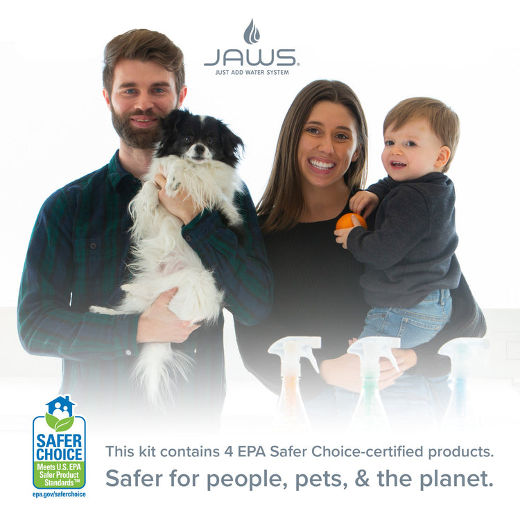 Family with a dog holding a JAWS product, with EPA Safer Choice certification text.