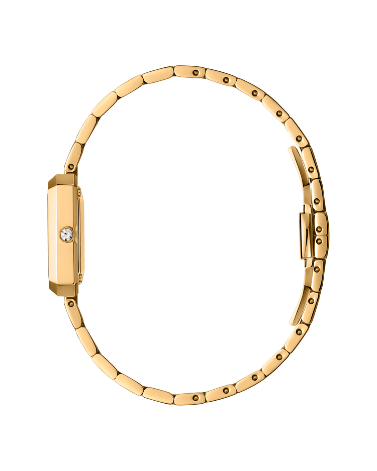The JBW Watches Arc Single | J6390E is a slim gold wristwatch with a thin linked bracelet, shown in side view to highlight its minimalist profile and a small round lab-grown diamond on the case—a refined luxury accessory.