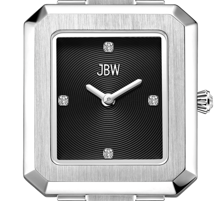 The Arc Single | J6390G by JBW Watches is a sleek rectangular watch with a silver case, black textured face, silver hands, four lab-grown diamond markers at key hours, and the JBW logo below 12—a refined unisex timepiece.