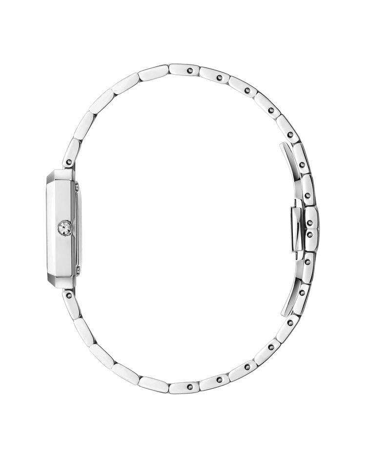 The Arc Single | J6390G by JBW Watches is a slim, elegant silver wristwatch with a minimalist metal link band and single crown set with a lab-grown diamond, offering a refined, gender-neutral design.