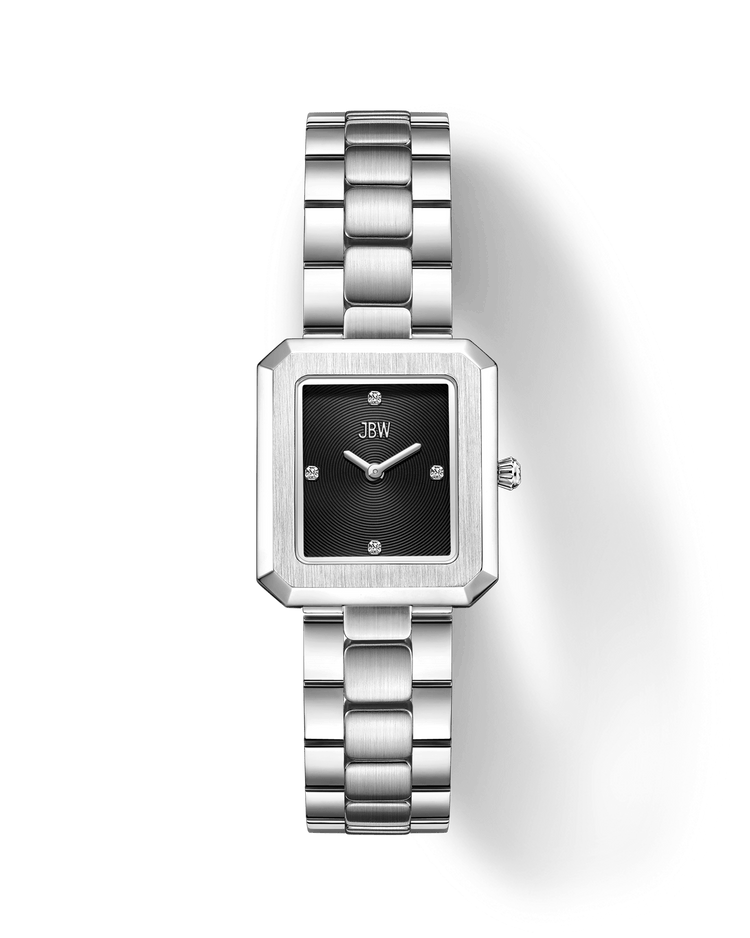 The Arc Single (Sample Sale) | J6390G-GA by JBW Watches is a gender-neutral rectangular watch with a black face, four lab-grown diamond markers, and a silver link band, elegantly displayed on a plain white background.