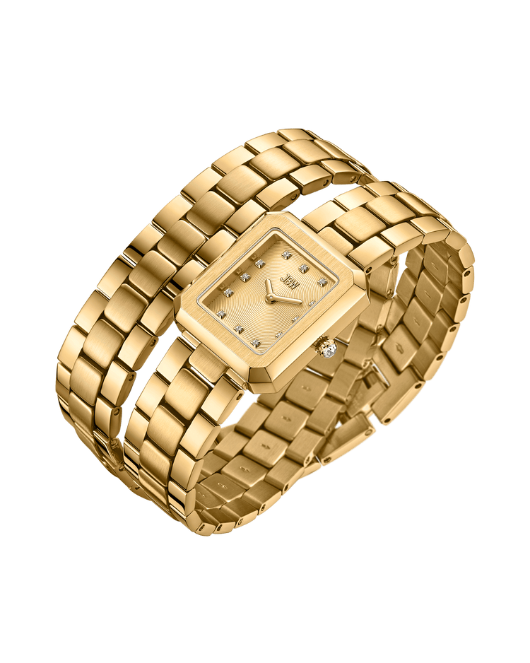 The JBW Watches Arc Double | J6390H is a gold lab-grown diamond watch with a rectangular face, gold bracelet band, and diamond hour markers, elegantly angled to highlight its polished design against a plain white background.