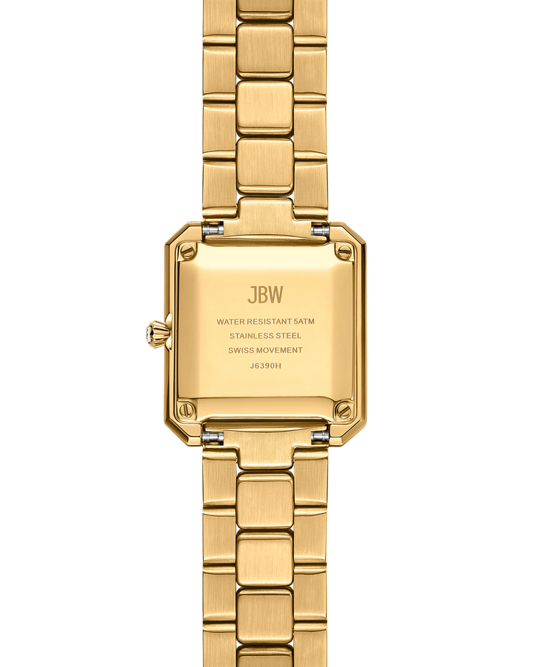 The Arc Double | J6390H by JBW Watches is a gold stainless steel lab-grown diamond watch featuring a rectangular backplate engraved with JBW, WATER RESISTANT 5ATM, STAINLESS STEEL, SWISS MOVEMENT, and serial number J6390H—a refined unisex timepiece.