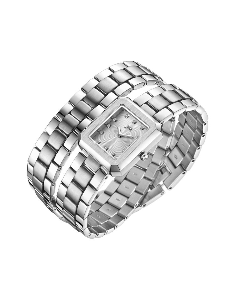 The Arc Double | J6390J by JBW Watches is a silver rectangular wristwatch featuring a metal link band, minimalist face, and small lab-grown diamond hour markers, displayed on a white background.