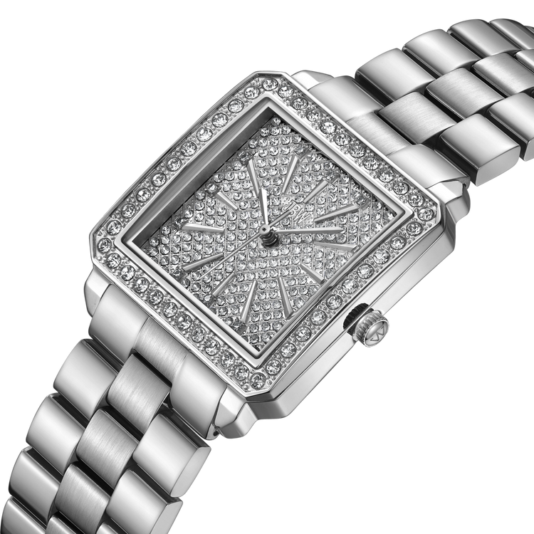 Silver watch with diamond-studded face on a white background