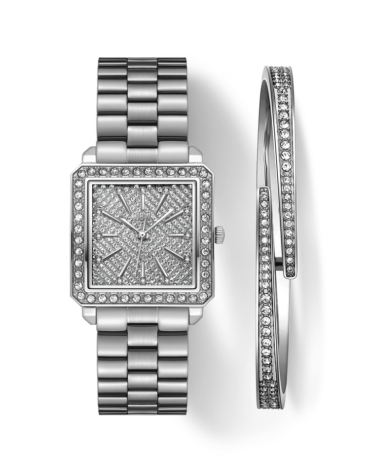 Silver watch with diamond-studded face and bracelet on a white background