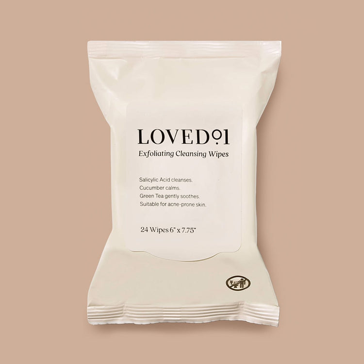 Pack of Lovedoi exfoliating cleansing wipes on a beige background