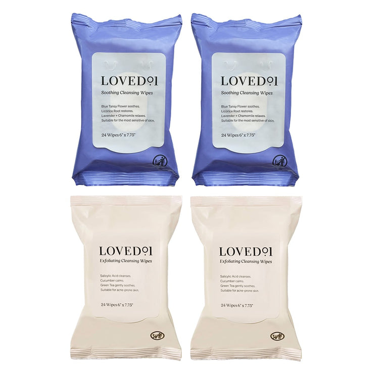 Four packs of LOVED91 cleansing wipes on a white background