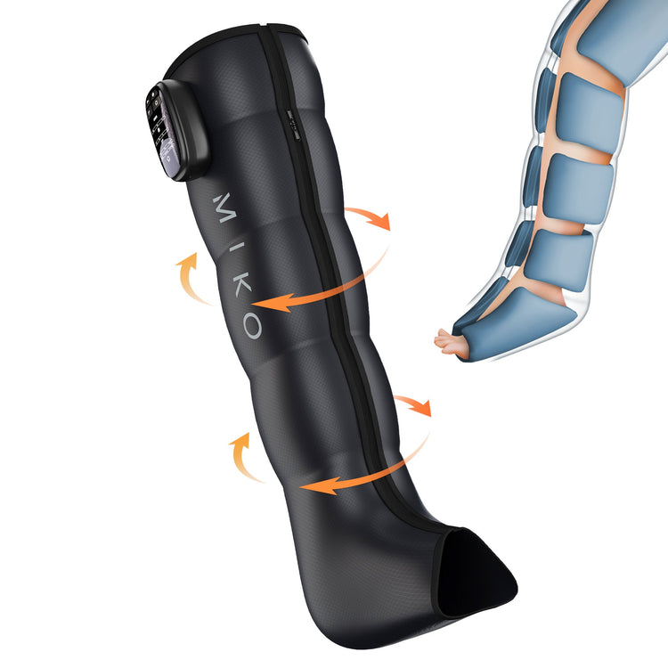 Black massage device labeled 'MIKO' on a white background with an anatomical diagram of a leg.