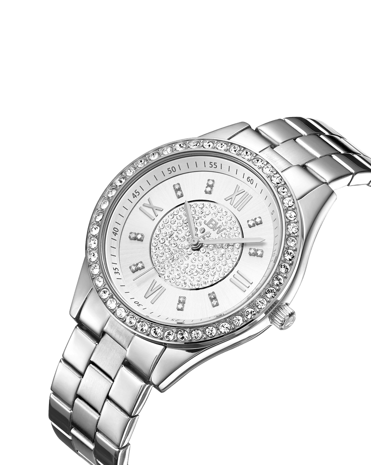 Silver wristwatch with gemstone accents on a transparent background