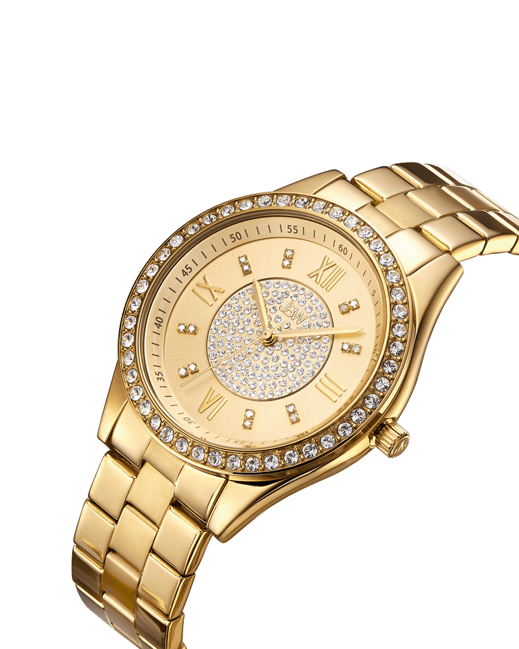 Gold wristwatch with diamond-studded face on a transparent background
