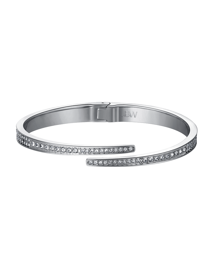 The Mondrian | J6303-SetA by JBW is a sleek silver cuff bracelet with a minimalist open-ended design, two parallel rows of sparkling stones, and "JBW" engraved on the interior.