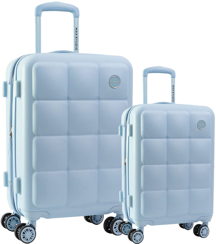 Two light blue suitcases with wheels on a white background