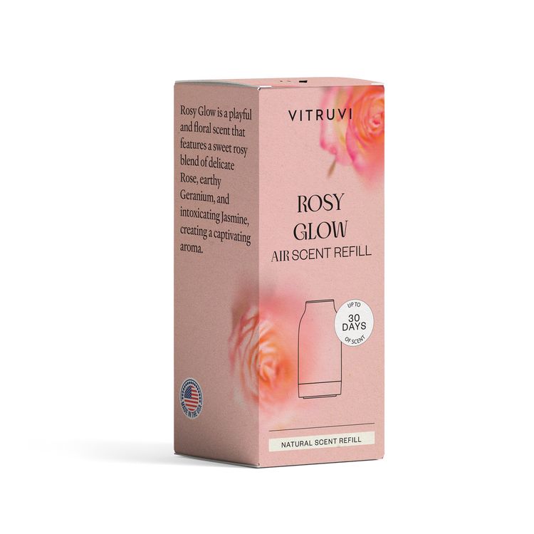 Vitruvi Rosy Glow air scent refill packaging on a white background