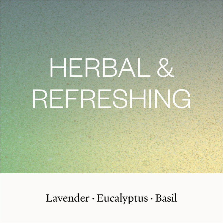 Text 'HERBAL & REFRESHING' on a gradient background with 'Lavender', 'Eucalyptus', and 'Basil' listed below.