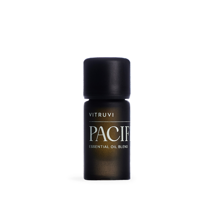 Vitruvi Pacif essential oil blend bottle on a white background