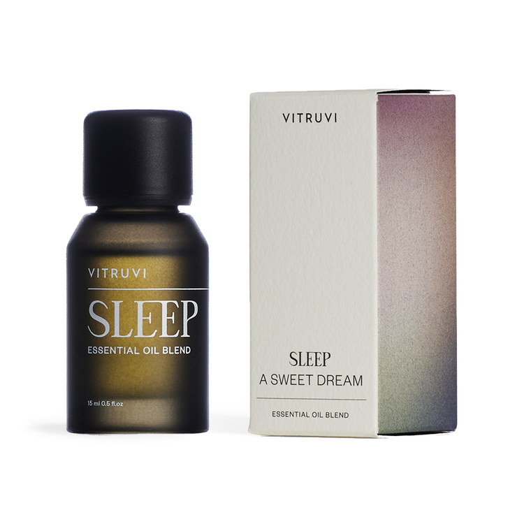 Vitruvi Sleep essential oil blend bottle and packaging on a white background
