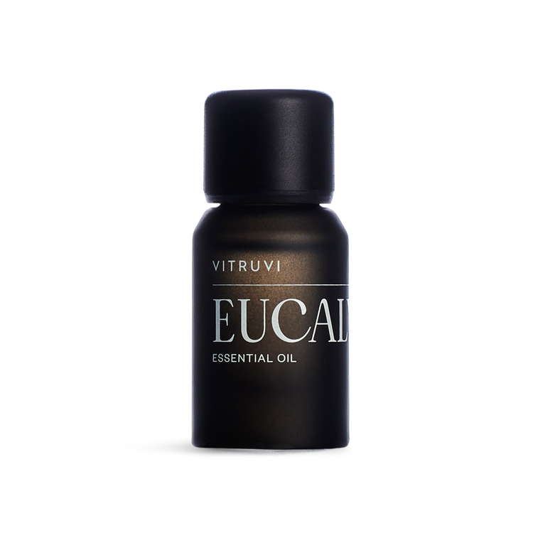 Vitruvi Eucalyptus essential oil bottle on a white background