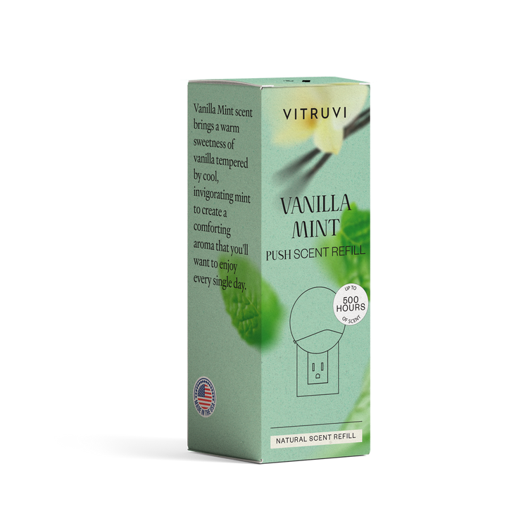 Vitruvi Vanilla Mint push-scent refill packaging on a white background