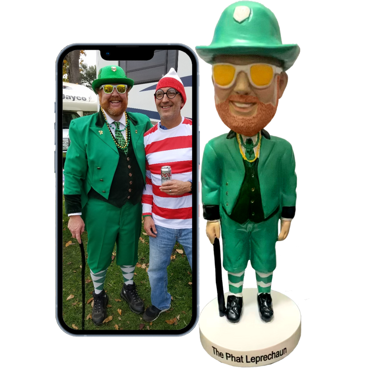 Bobblehead figure of a character in green leprechaun costume next to a smartphone photo of two people in similar costumes.
