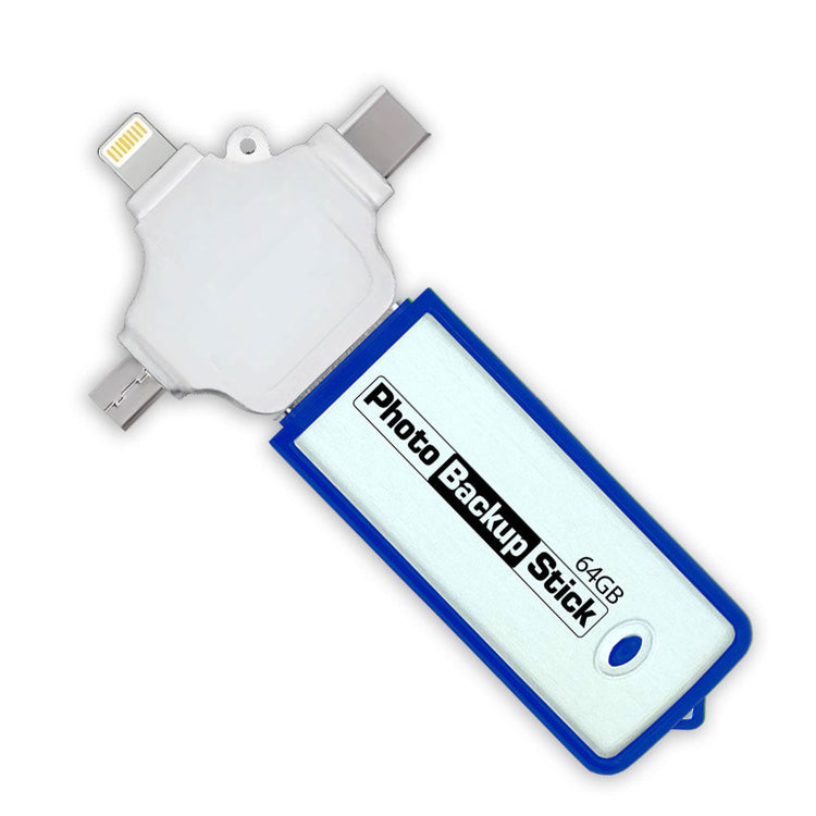 Photo Backup Stick with USB and lightning connector on a white background