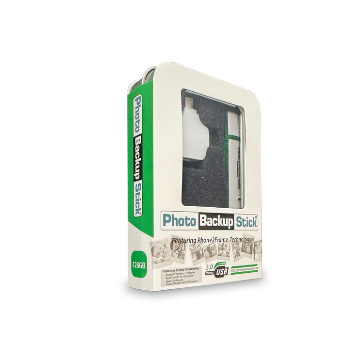 Photo Backup Stick packaging on a white background