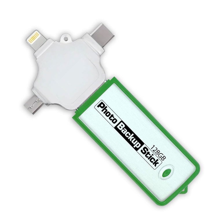 Photo Backup Stick with multiple connectivity ports on a white background
