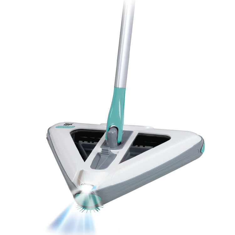 A triangular white and blue Zippi Sweeper Pro with LED lights, designed for cleaning hard floors.