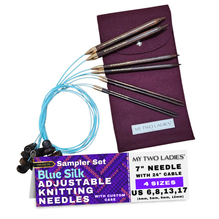Set of adjustable knitting needles with a purple case and label on a white background