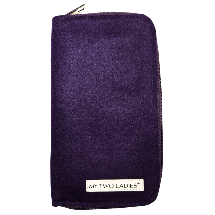 Purple zippered pouch with 'My Two Ladies' branding on a white background