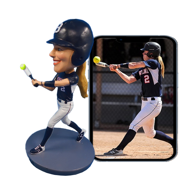 Bobblehead of a female baseball player in a batting stance next to a smartphone screen showing a video of the same player.