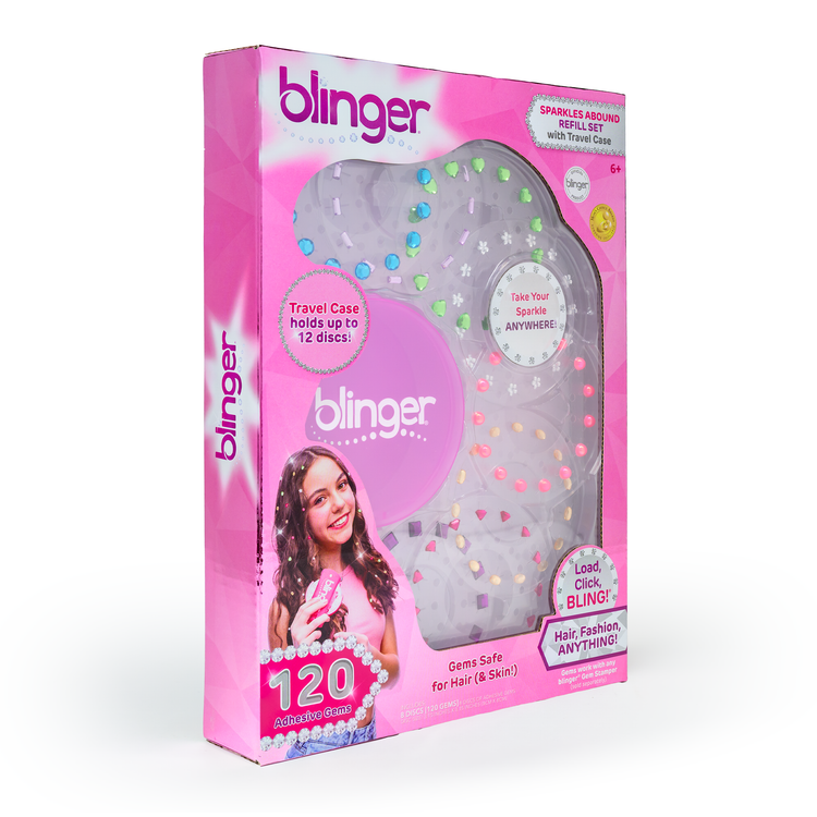Blinger hair product packaging with pink and gray design on a white background