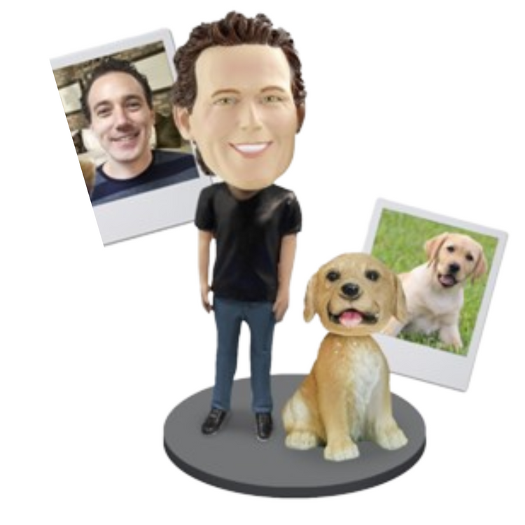 Custom bobblehead of a man with a dog, surrounded by two photos, on a white background.