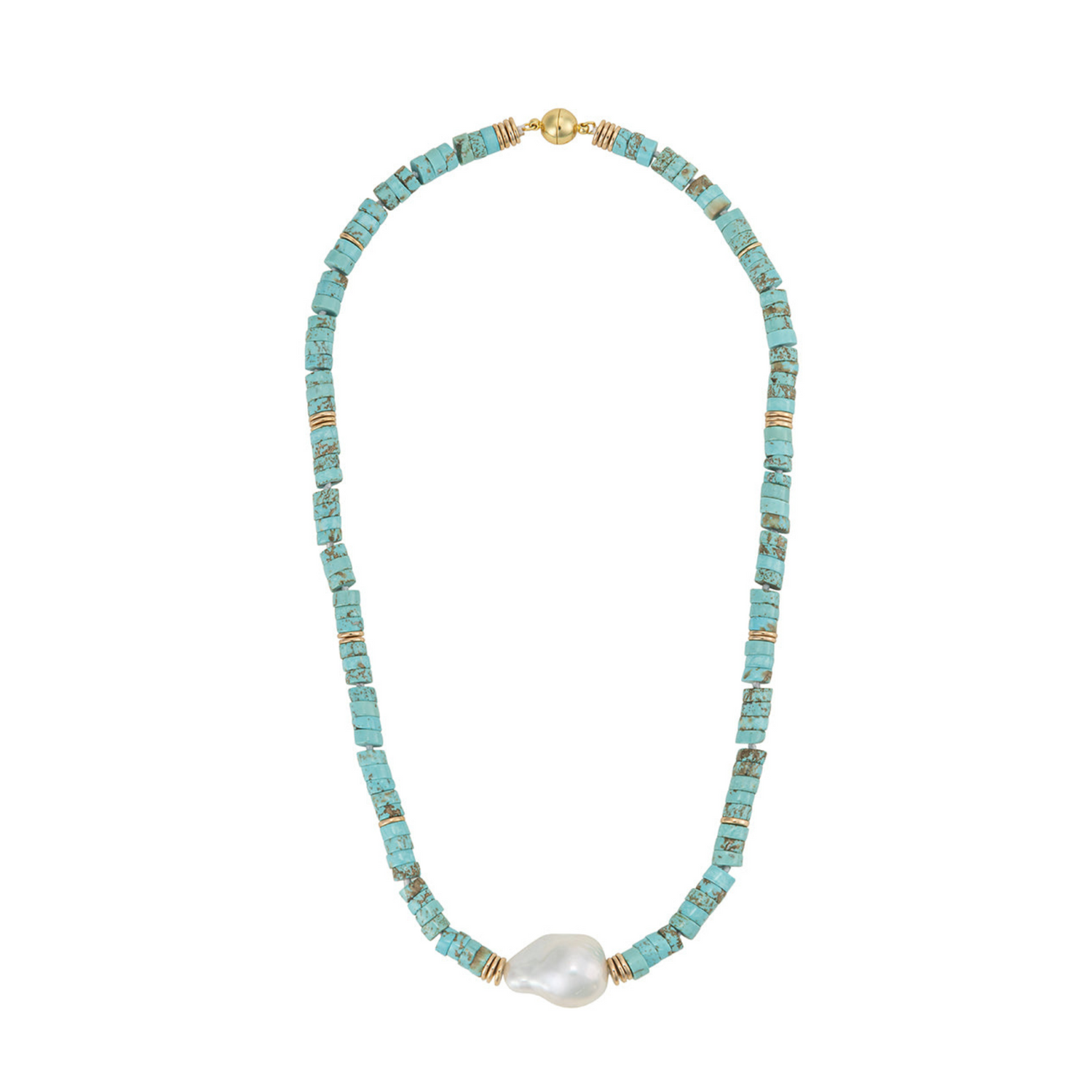 A turquoise and hematite beaded necklace with a large biwa pearl accent, hand-knotted on silk strands with a gold-plated magnetic clasp.