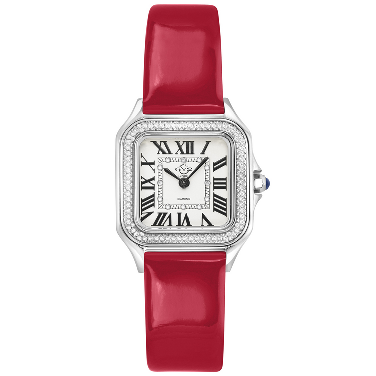 A GV2 Women's Milan Swiss Diamond Watch with a stainless steel band and a square face covered in diamond accents.
