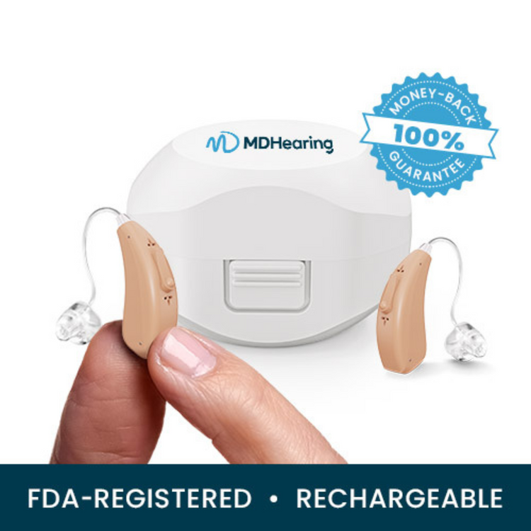 Hearing aid device held by a hand with MDHearing branding and money-back guarantee badge.