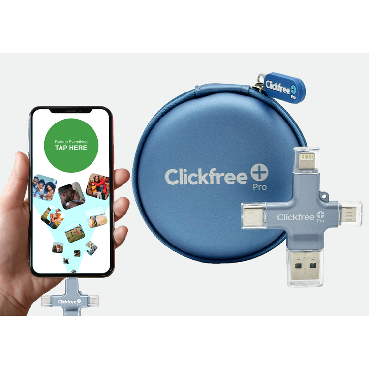 Clickfree Pro device with smartphone app display on a white background