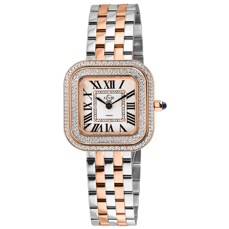 A GV2 women's watch with a stainless steel bracelet, rose gold casing, and a diamond encrusted bezel, displaying a silver dial with Roman numerals.