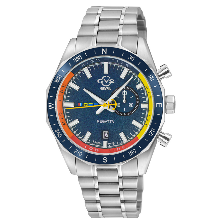 Silver watch with a blue face featuring time and tide indicators on a white background