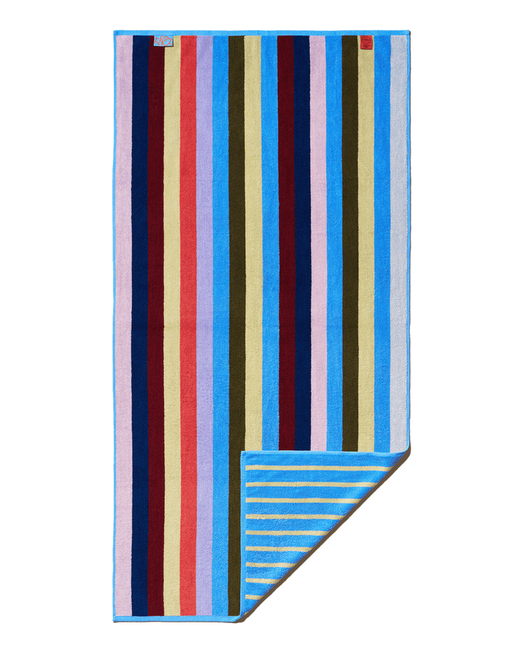 Colorful striped towel with a black border on a white background