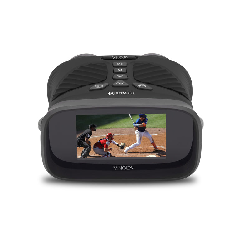 A black Minolta 10x25 digital night vision monocular with an image of a deer displayed on its screen.
