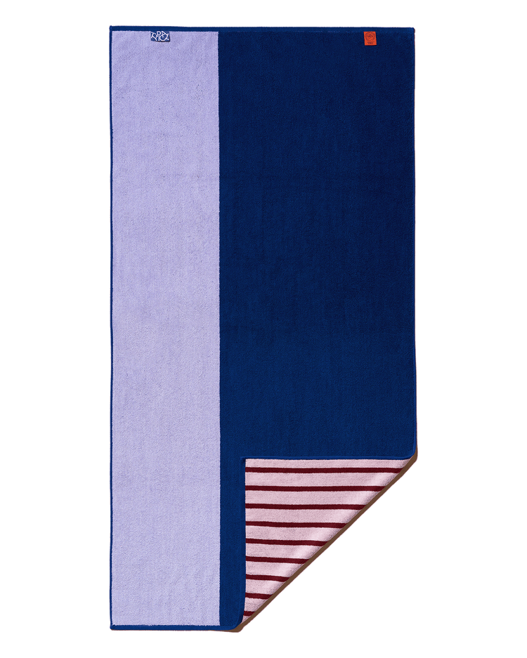 Navy blue towel with a pink stripe on a white background