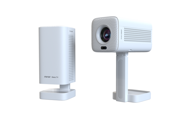 Two white electronic devices on a white background
