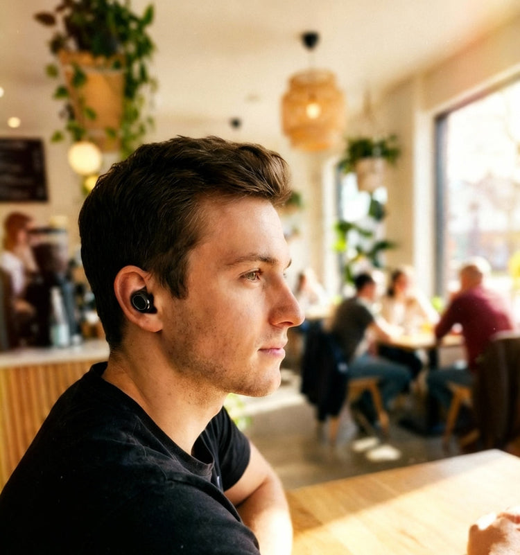 Man wearing a black earbud in a casual indoor setting with people and plants.