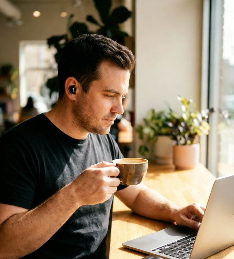 Man sitting at a table with a laptop and a cup, wearing earbuds.