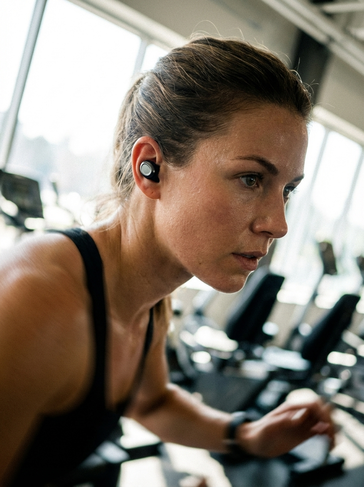 Woman using black earbuds