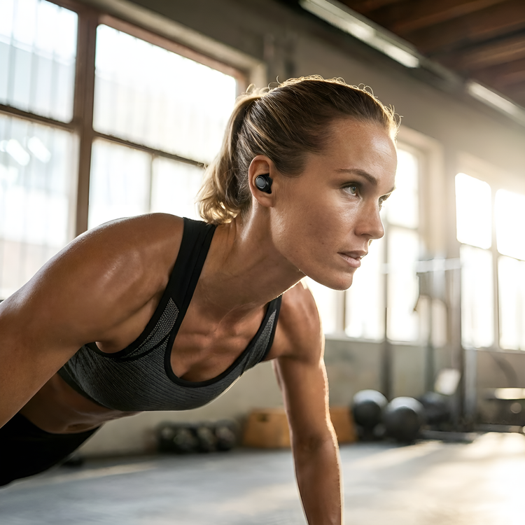 Woman in a gym doing push-ups with earbuds on
