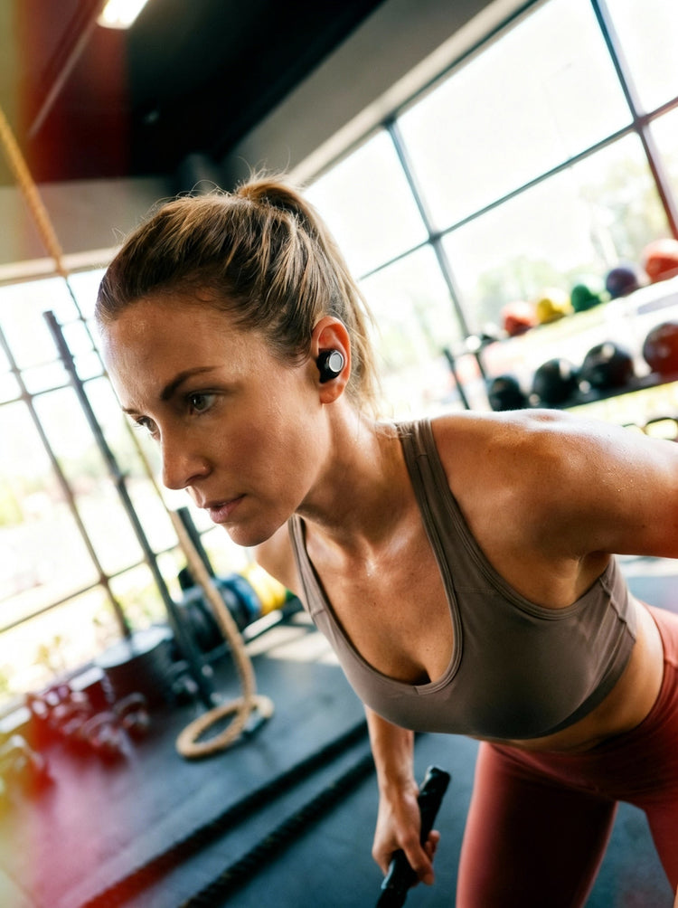 Woman exercising in a gym wearing wireless earbuds
